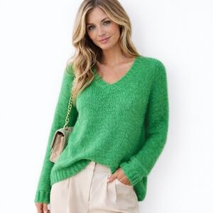 WOODEN SHIPS Mohair Wool Sweater V-Neck Soft Knit Pullover Oversized Green S M